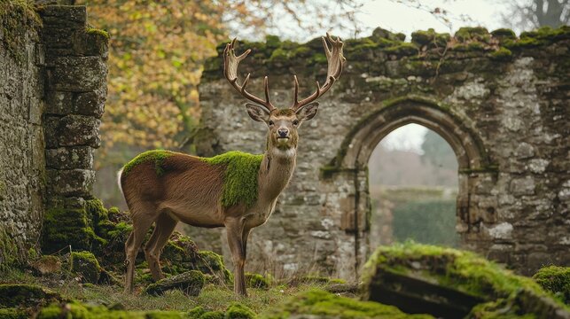 A majestic stag stands in front of an ancient stone ruin, surrounded by moss and autumn leaves. - Powered by Adobe