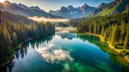Serene Mountain Lake at Sunrise A Breathtaking Aerial View of Pristine Waters, Reflecting Majestic Peaks and Verdant Coniferous Forests