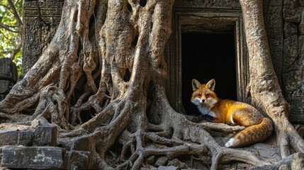 A red fox resting on the roots of a tree in a temple setting.