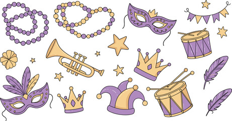 Cute Mardi Gras Icons: Hand-Drawn Carnival Masks, Beads & Festive Doodle Vector Set