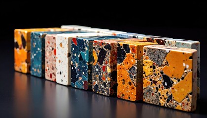 Row of colorful terrazzo-like cubes with speckled surfaces, on glossy dark surface against dark background