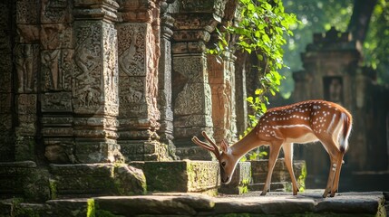 A deer grazing in front of ancient temple ruins.