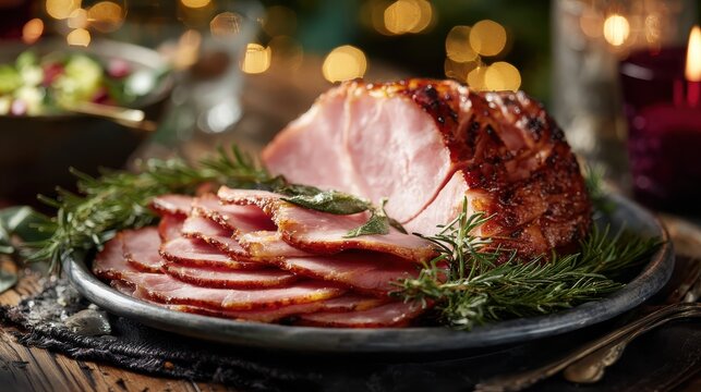 christmas dinner with family features delicious plate of sliced ham garnished with fresh rosemary creating warm and festive atmosphere for joyful celebration - Powered by Adobe