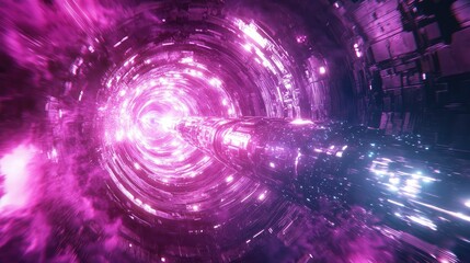 Spaceship traveling through purple hyperspace wormhole tunnel