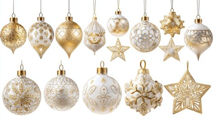 collection of golden and white christmas ornaments and star decorations isolated on transparent background