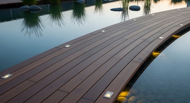 Illuminated wooden bridge over tranquil pond with lush reflections