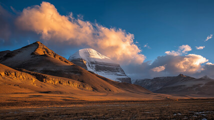 A golden sunset illuminates Mount Kailash, highlighting its peak among gentle clouds Generative AI