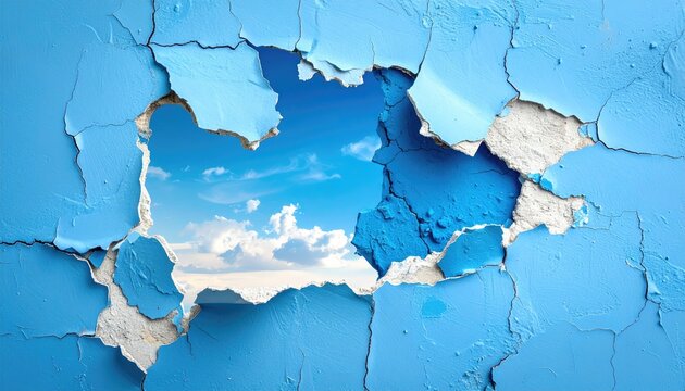 A vibrant blue, peeling wall reveals a bright sky with clouds. Texture and contrast are key in this image