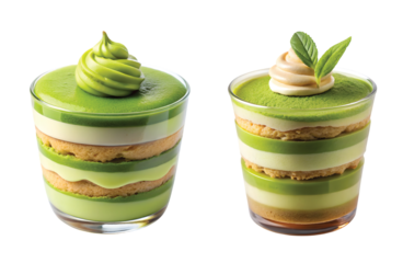 Matcha Green Tea Layer Dream: A modern dessert cup with alternating layers of matcha mousse, vanilla custard, and sponge cake, topped with a green tea macaron, PNG style.