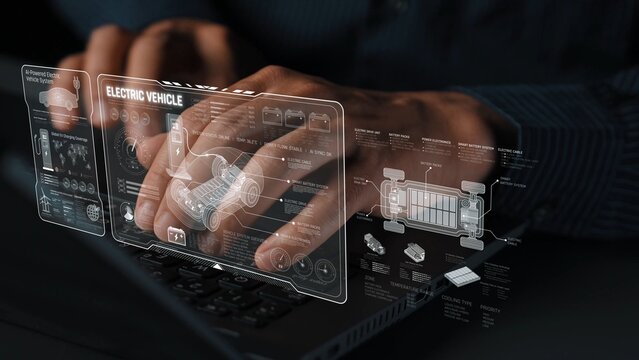 Technical layout of electric vehicle showing battery system, power control, traction motor, charging interface, and integration with renewable and smart energy sources Marrow
