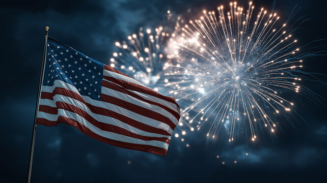 An American flag waves proudly as colorful fireworks burst in the dark sky, celebrating freedom Generative AI