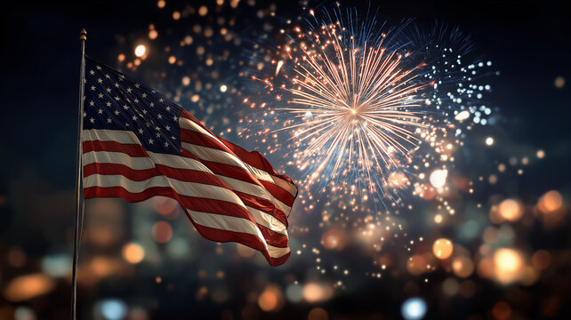 A waving American flag stands proudly as colorful fireworks illuminate the night sky in celebration Generative AI - Powered by Adobe