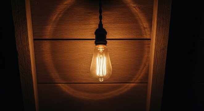 A vintage light bulb hanging from a wooden ceiling with a circular shadow cast on the wall. - Powered by Adobe