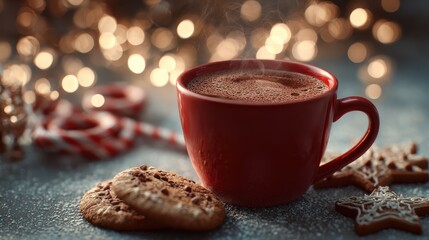 cozy red mug of steaming hot chocolate surrounded by gingerbread cookies and christmas lights