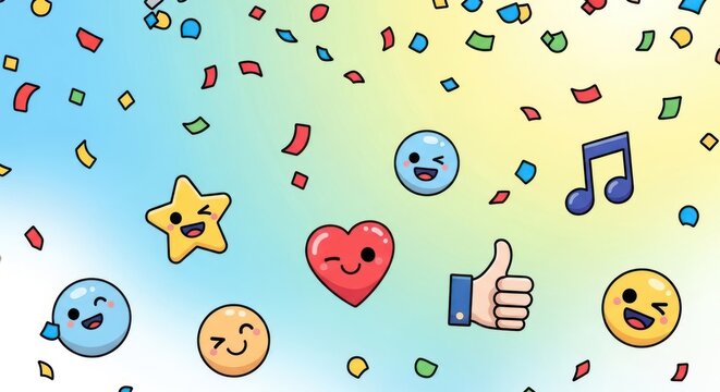 A colorful, cheerful, and festive background with various emojis, music notes, and confetti.