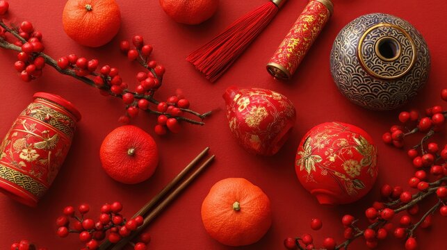 chinese new year decorations with red background with assorted festival decorations - Powered by Adobe