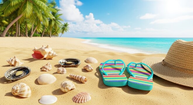 Flip flops, seashells, and a straw hat on a sandy beach with palm trees in the background.