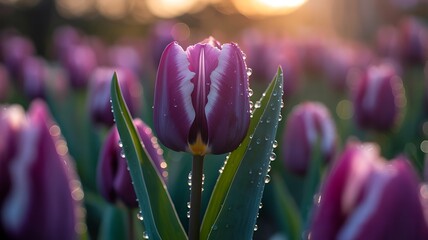 Dew-Kissed Purple Tulips in Golden Hour Light