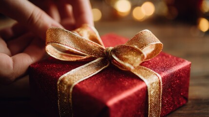 Gift wrapping with a shiny red box and a golden ribbon during the holiday season