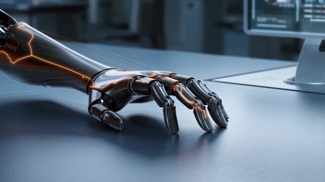 A sleek bionic hand with visible internal mechanics and glowing energy lines being calibrated by laser scans concept of human enhancement and cybernetic technology