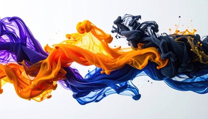 Flowing, multicolored ink plumes cascade against a white backdrop, displaying vibrant shades of orange, blue, purple, and black