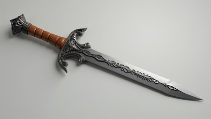 a fantasy sword with a carved wood handle featuring intricate patterns and an ultra-realistic steel blade showcasing a high level of detail and texture