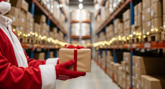 Santa Claus holding gift in festive warehouse with string lights