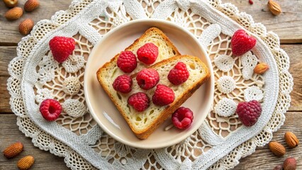 A delightful breakfast of toasted bread slices adorned with sweet raspberries, served on a delicate lace doily, accompanied by crunchy almonds.