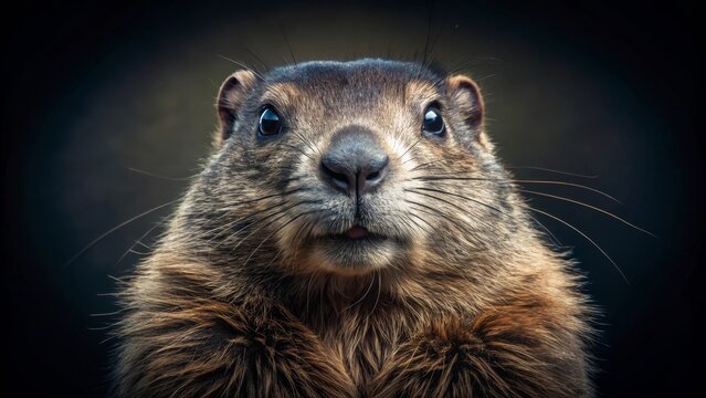 Close-up portrait of a marmot, showcasing its expressive eyes and thick fur against a dark background.  The image captures the animal's charming features and intricate details.