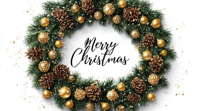 festive christmas wreath with pine cones and golden baubles on a white background with merry christmas text - Powered by Adobe