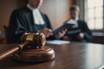 Close-up of a wooden judge's gavel with a judge in the background.