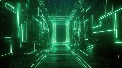 Digital network tunnel generating abstract green data lines