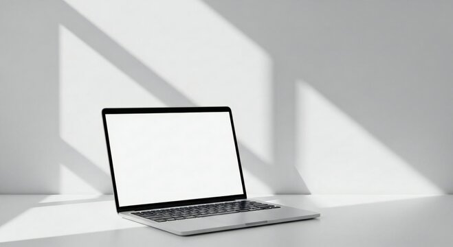 Minimalist workspace featuring a modern laptop with blank screen under natural light