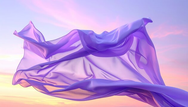Flowing, lavender fabric billows gracefully against a vibrant sunset sky, creating a sense of ethereal beauty and movement