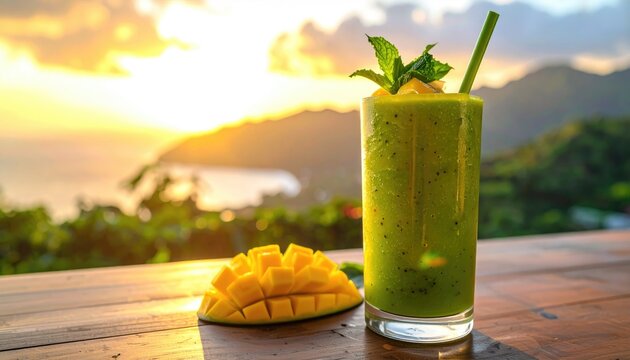 Green smoothie topped with mango, mint, and a straw, on a wooden surface with ocean view at sunset
