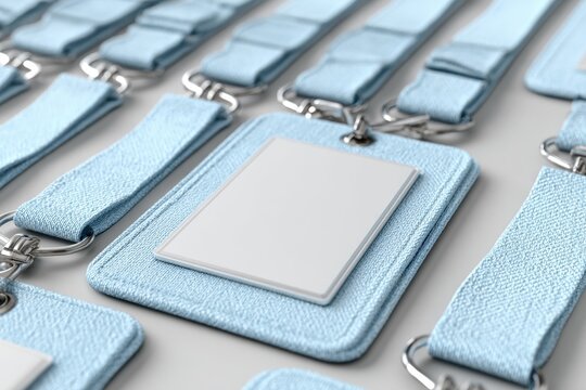 Blank name tags on light blue lanyards displayed neatly for event registration during a conference or meeting in a modern setting