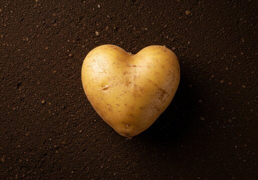 Une patate fra?chement r?colt?e naturellement en forme de coeur, symbolisant l'amour de la terre et l'importance des l?gumes racines ,march? ,marron ,cru