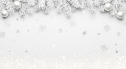 Christmas tree branches with snowflakes and baubles on a white background.