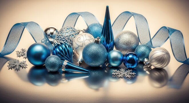 Christmas ornaments and ribbons on a gold background.