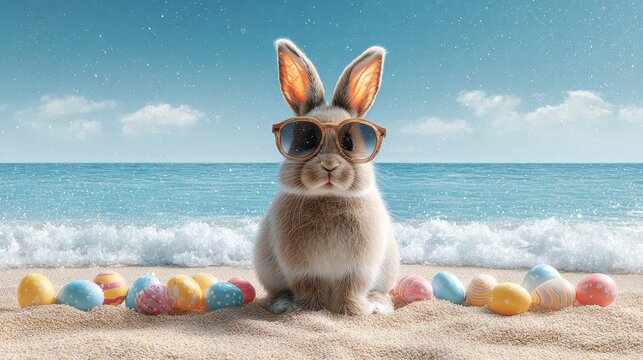 Cute rabbit wearing sunglasses sits on the beach surrounded by colorful Easter eggs on a sunny day - Powered by Adobe