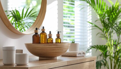A simple vanity setup with natural oils, minimal ceramics, soft daylight, fresh green accents and a calm self-care ritual tone.
