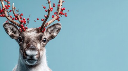 Reindeer with festive berries on antlers against a light blue backdrop in a studio setting
