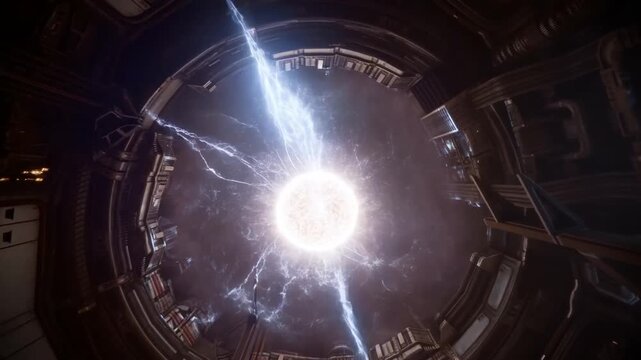 The core of a starship engine containing a contained star with crackling energy tendrils concept of powerful energy sources and future propulsion