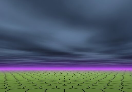 Surreal Landscape with Hexagonal Grid and Ominous Sky Formation