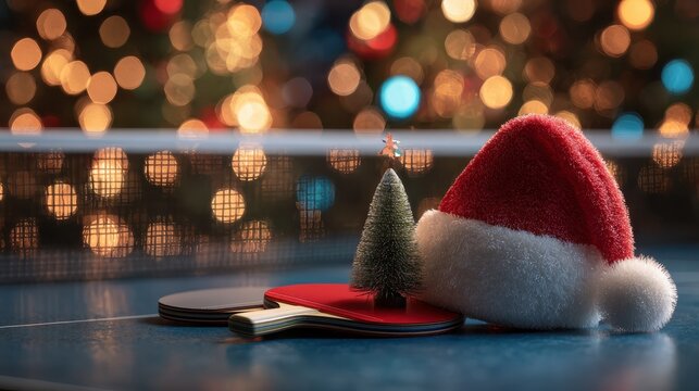 a festive scene featuring a santa hat and two ping pong paddles with a small christmas tree set against a bokeh background of christmas lights on a ping pong table bokeh light lights background bo