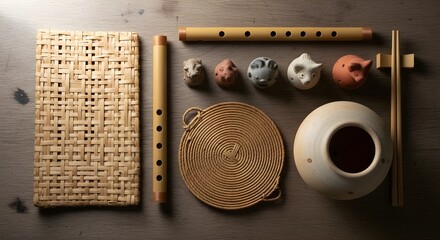 A curated flat lay of handmade bamboo crafts, clay whistles, woven mats, and wooden flutes. Warm natural textures ideal for rustic, cultural, and artisan-themed creative projects.