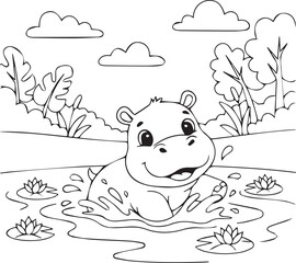Cute Baby Hippo Taking A Bath And Enjoying Playful Water Moments line art one line art