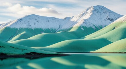 Green and white mountains with snow-capped peaks and a calm lake in the foreground.