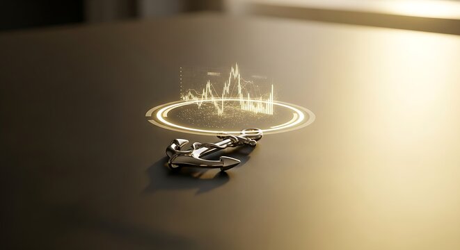 Elegant chrome anchor with vibrant stock market data, a symbol of stability amidst financial fluctuations and futuristic investment strategies revealed