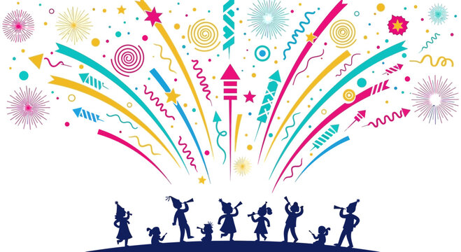 Joyful silhouettes of children celebrating with colorful fireworks and party streamers against a white background